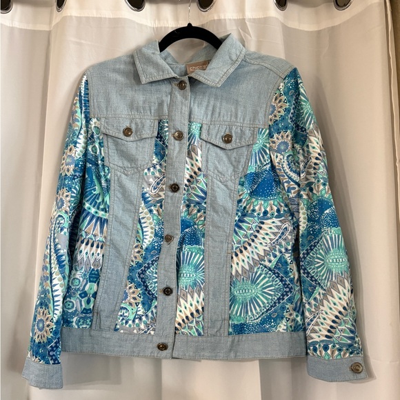 Chico’s Patchwork Denim Jacket Blue Boho Print Cotton Size Medium (1) - Picture 2 of 10